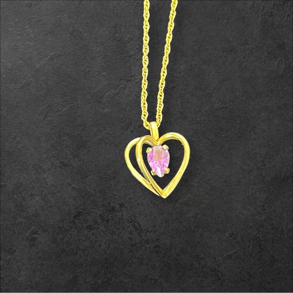 14K Gold F PPC‎ Dainty Chain With Amethyst Inside Heart Cage Pendant Necklace